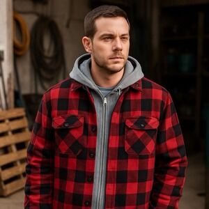 Smith's Workwear Jacket Men‎ Large Red Buffalo Plaid Fleece Lined Hooded Shacket